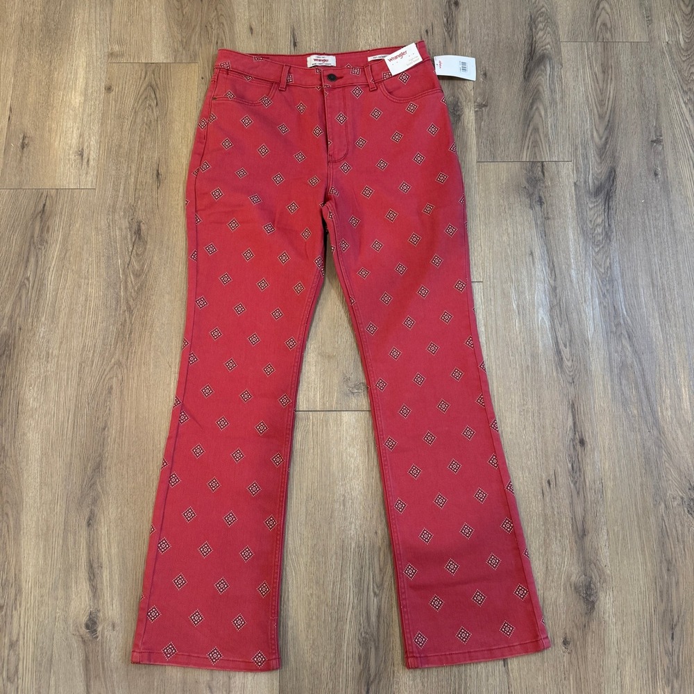 Wrangler Womens High Rise Bold Boot Red Diamond Print Jeans Size 12x32 NWT - Picture 2 of 10